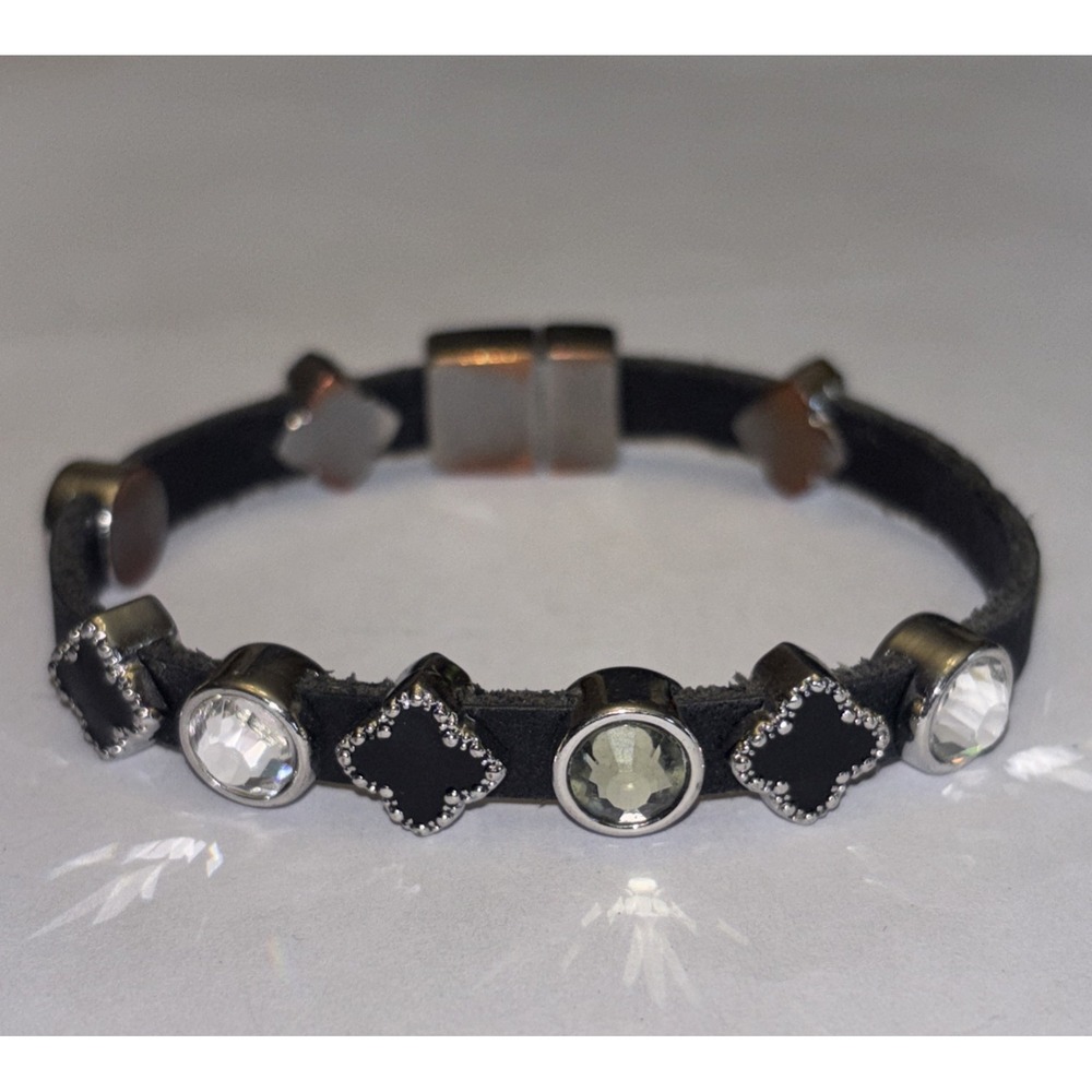 Black Leather Bracelet Silver Tone Rhinestone Slide Charms Magnetic Clasp